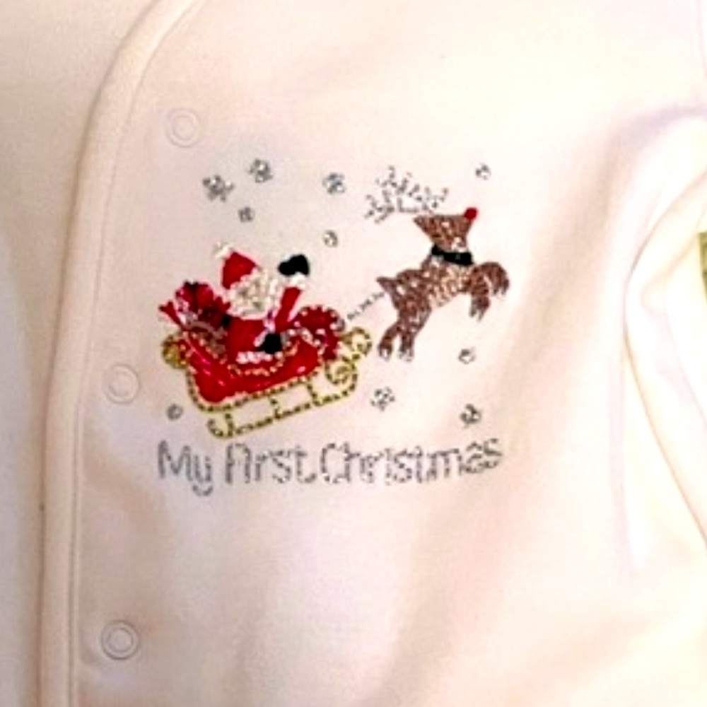 My First Christmas embroidered footed bodysuit for NB. 100% cotton.
